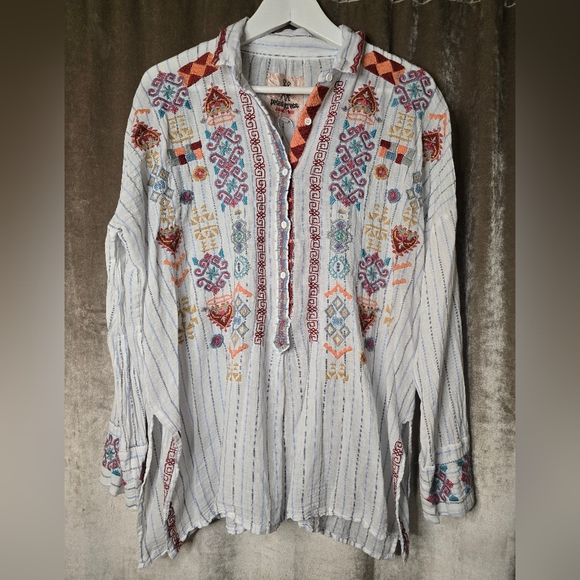 Johnny Was Peta & Greta Clapton Stripe Aztec Embroidered Linen Tunic Medium - Picture 3 of 9